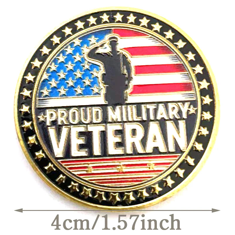 Proud Military Veteran commemorative coin with saluting soldier and American flag