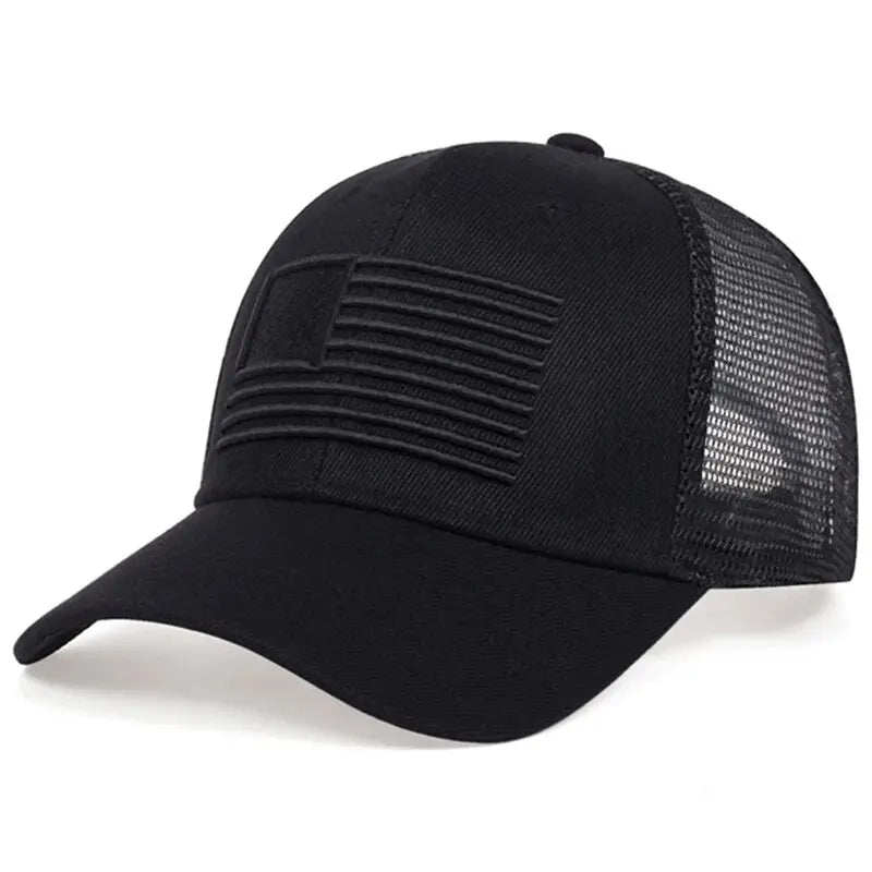 Black American flag cap with tonal embroidery and mesh back